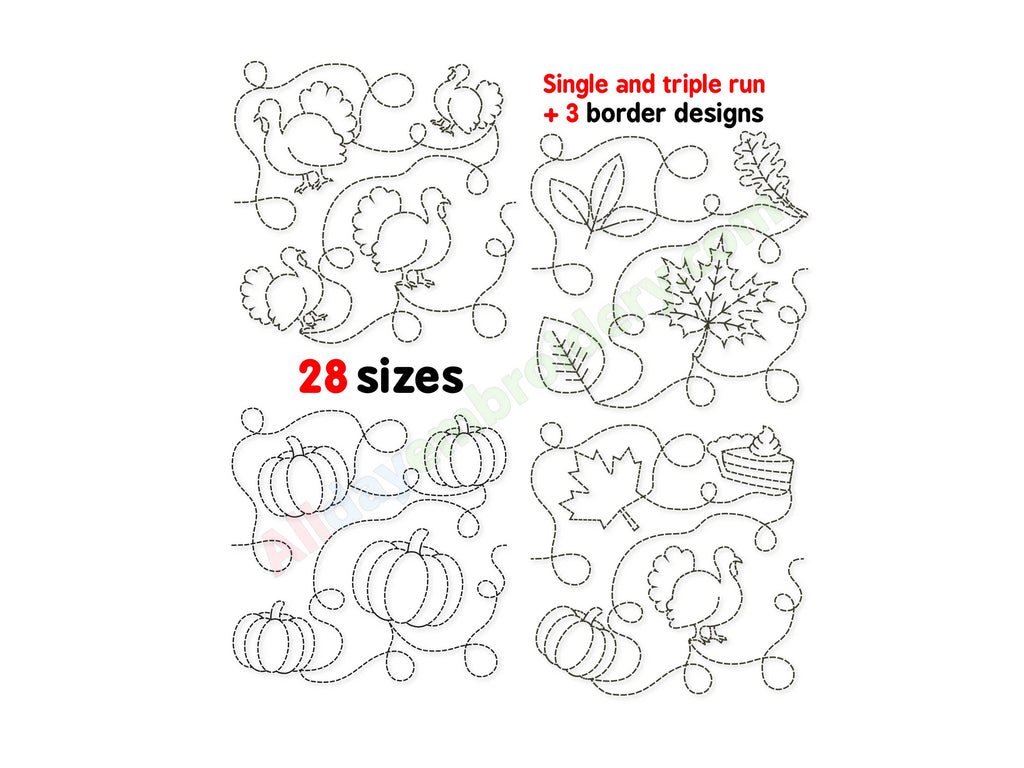 Thanksgiving quilting embroidery design bundle with turkeys, fall leaves, pumpkins.