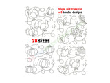 Thanksgiving quilting embroidery design bundle with turkeys, fall leaves, pumpkins.