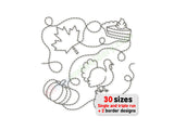 Thanksgiving quilting embroidery design with turkey, maple leaf, pie and pumpkin