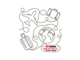 Outline design of travel-related items with a globe and text on a white background