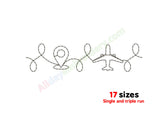 Illustrations of a map marker and airplane with text indicating '17 sizes' and 'Single and triple run' on a white background.