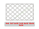 Quilting template with wavy line pattern and size dimensions in red text on a white background
