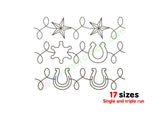 Decorative line art with stars and horseshoes on a white background, featuring text about 17 sizes.