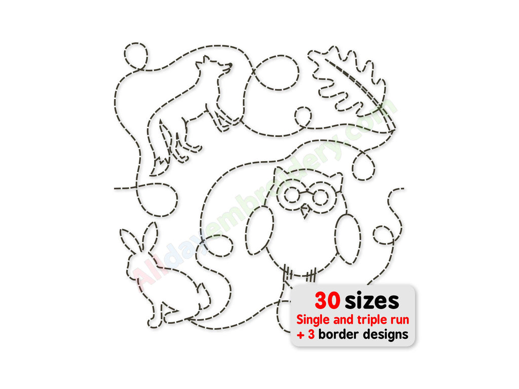 Woodland animals quilting embroidery. Owl, fox, rabbit and oak leaf.